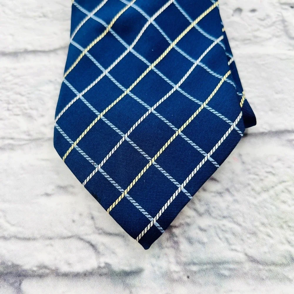 Magic Johnson Signature Silk Necktie Mens Dark Blue Plaid Formal Business Casual
